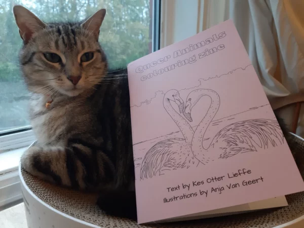 Image shows the queer animals colouring zine with a gorgeous cat!