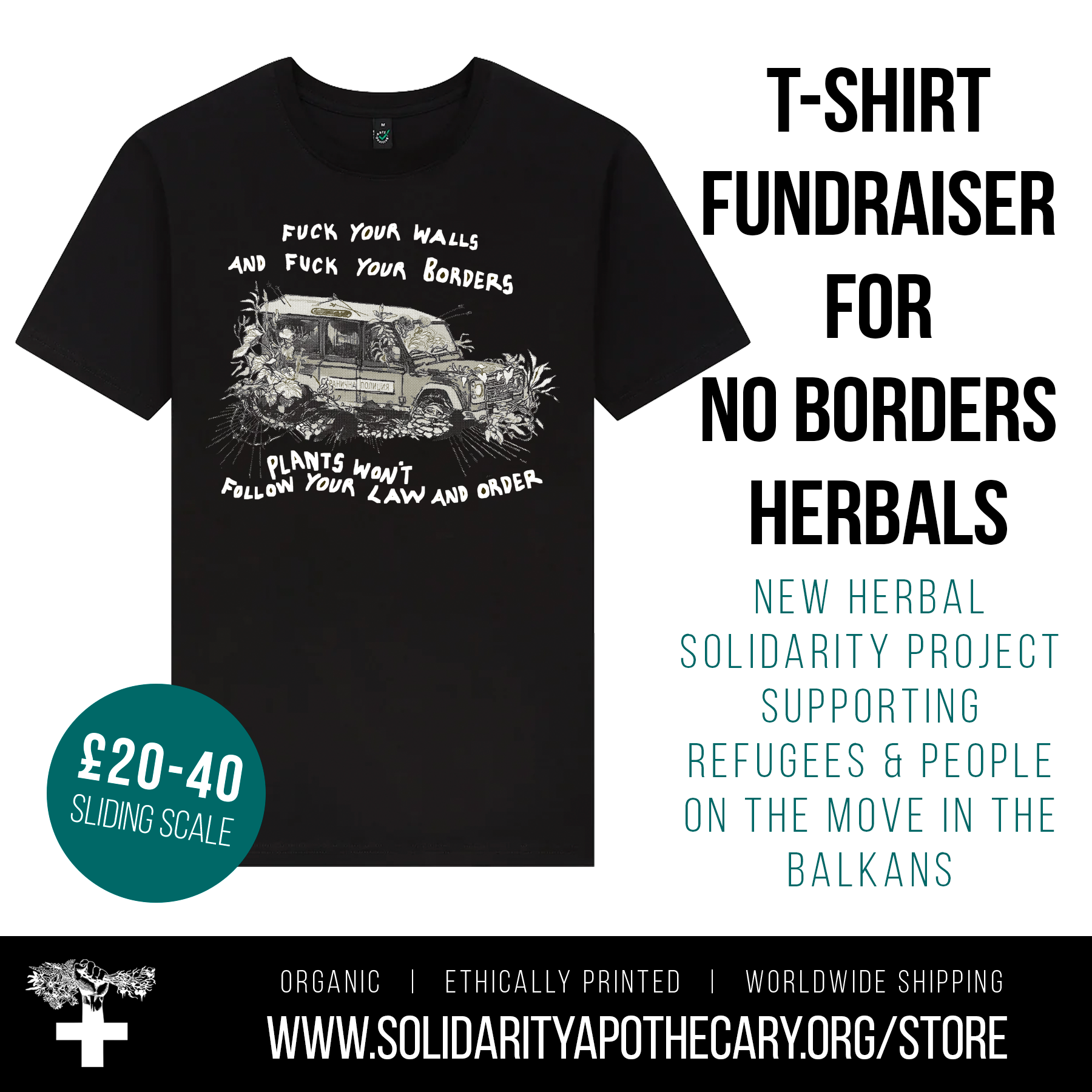 No Borders Herbals T-shirt (sliding-scale fundraiser £20 - £40)